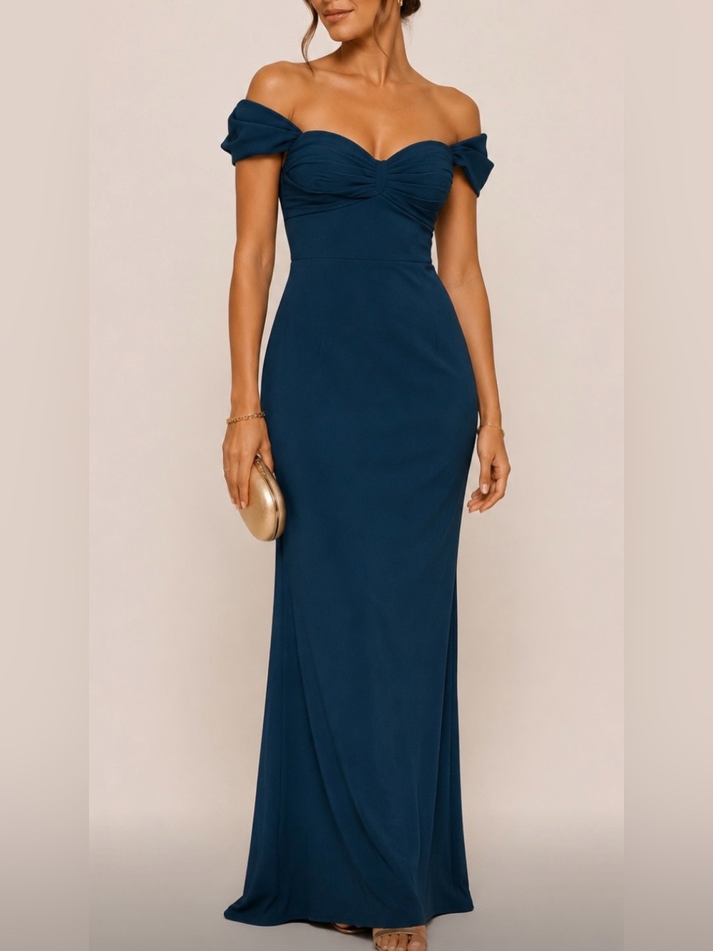Monique Lhuillier Teal Off-Shoulder Ruched Maxi Gown